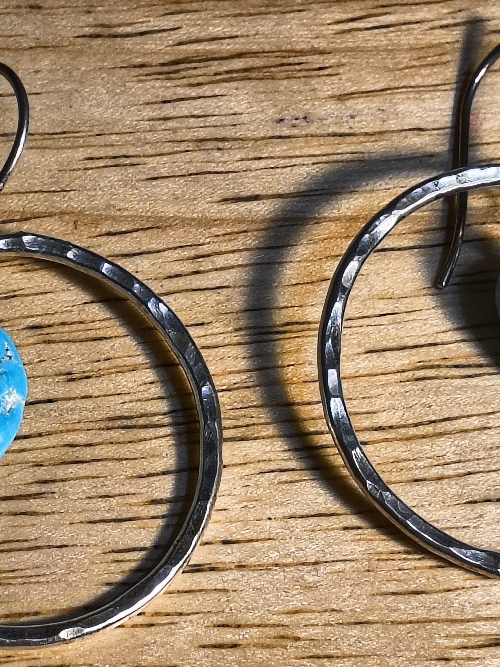 Sterling Silver Drop Hoop Earrings W/ Center Turquoise Drop Accent Stone Unsigne